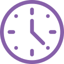Purple analog clock icon with the hour hand at 3 and the minute hand at 5, indicating 3:25—perfect for a Vet or Pet ER setting to signal important appointment or emergency hours.
