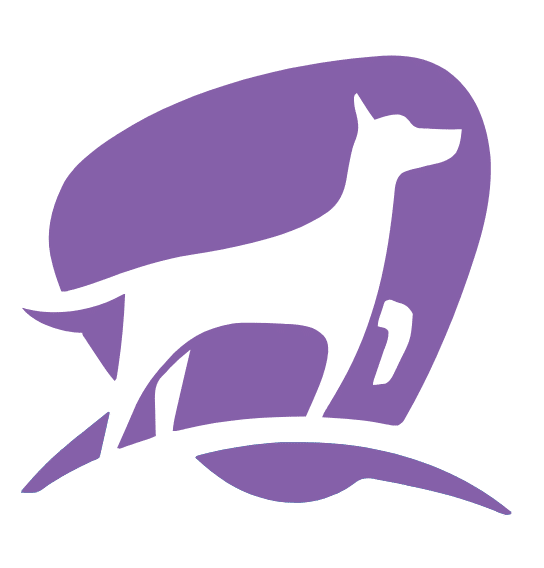 A minimalist, purple and white graphic of a dog standing on a curved surface, with a stylized background shape, ideal for Emergency Vet or Pet ER branding.