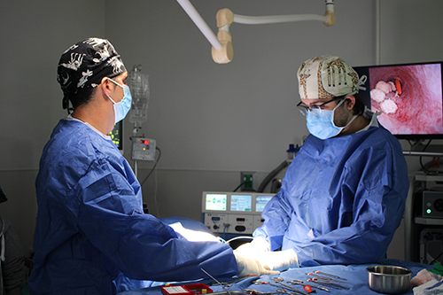 Two surgeons in blue scrubs and masks perform a surgery in an operating room. Medical instruments are on a tray nearby, and a monitor displays an internal view of the procedure.