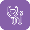 White stethoscope with a heart shape in the middle, outlined on a purple rounded square background, symbolizing healthcare or medical services.